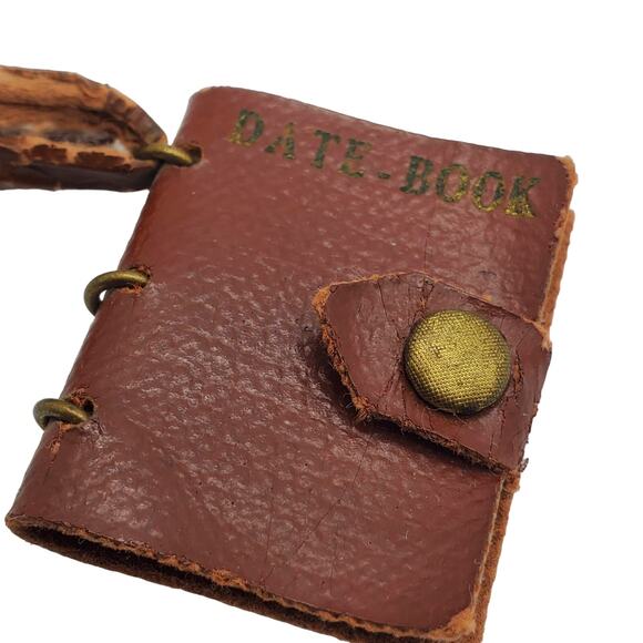 Tiny Leather Date Book Brooch Vintage 1930s Dangle Drop Pin Miniature Jewelry - Picture 3 of 10